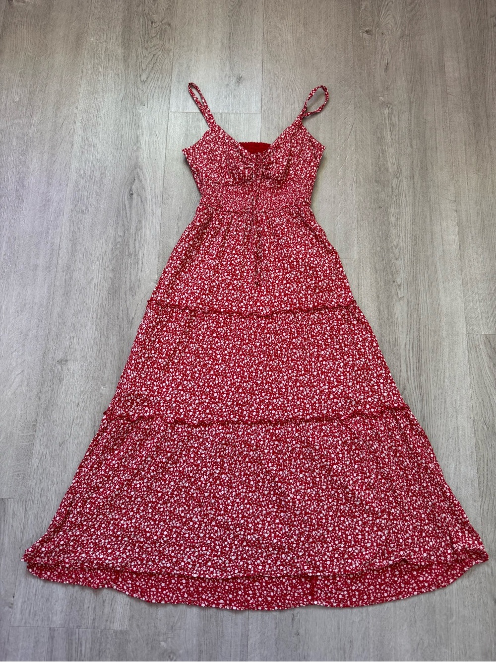 Hollister Red Floral Tiered Maxi Dress with Spaghetti Straps